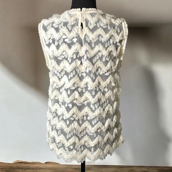Anthropologie BLUE TASSEL Ivory Semi Sheer Top Sleeveless Embellished - Picture 4 of 10